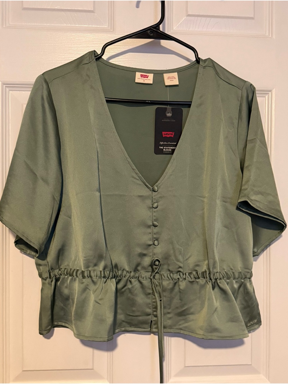 Levi's Sage Green Button-Front Drawstring Satin Blouse